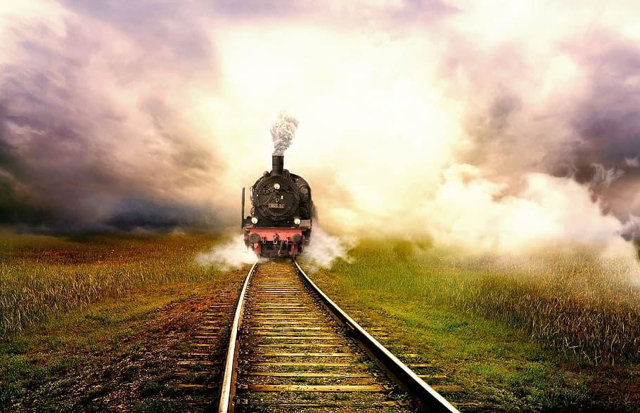 steam engine train travelling on  track under white clouds, landscape, HD wallpaper