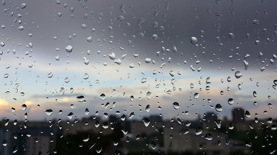 rain, window, view, raindrops, rhombus, blue, water drops, drops of water HD wallpaper