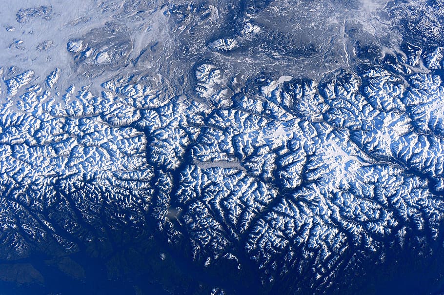 snow-capped mountain on aerial photography, international space station, HD wallpaper