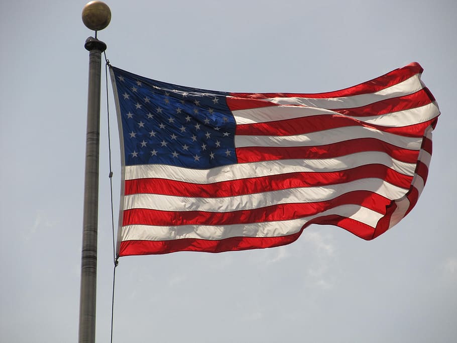 US flag on flag pole, American Flag, Flying, stars and stripes, HD wallpaper