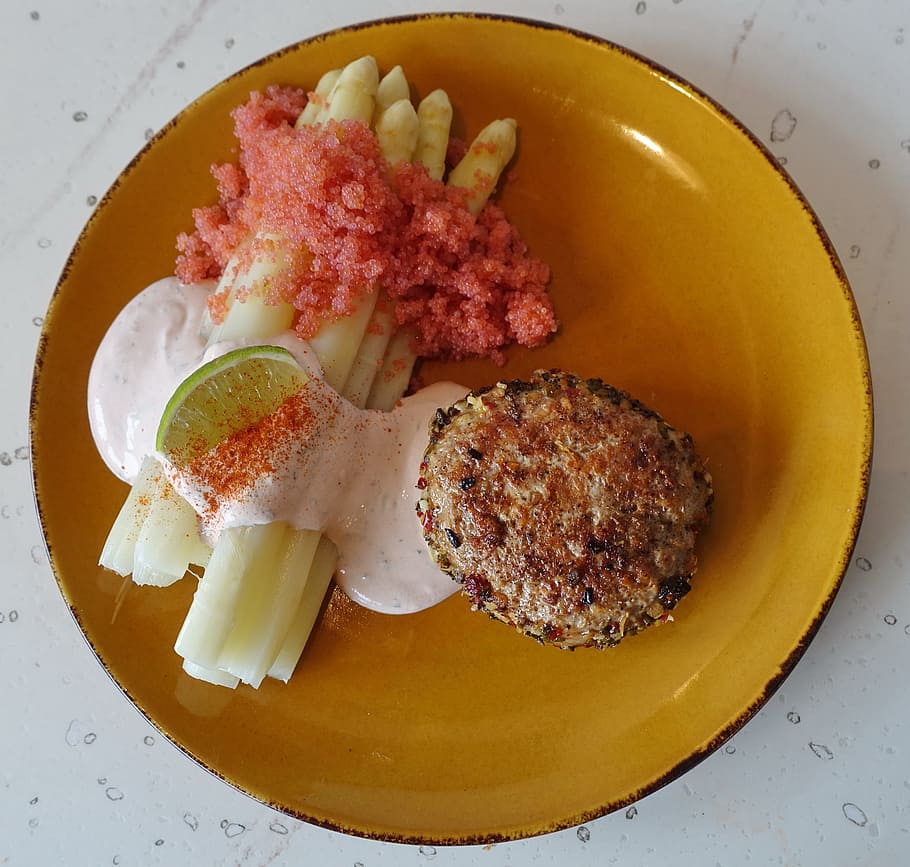 lumpfish roe, lemon, cutlet, white asparagus, giblets, dressing HD wallpaper