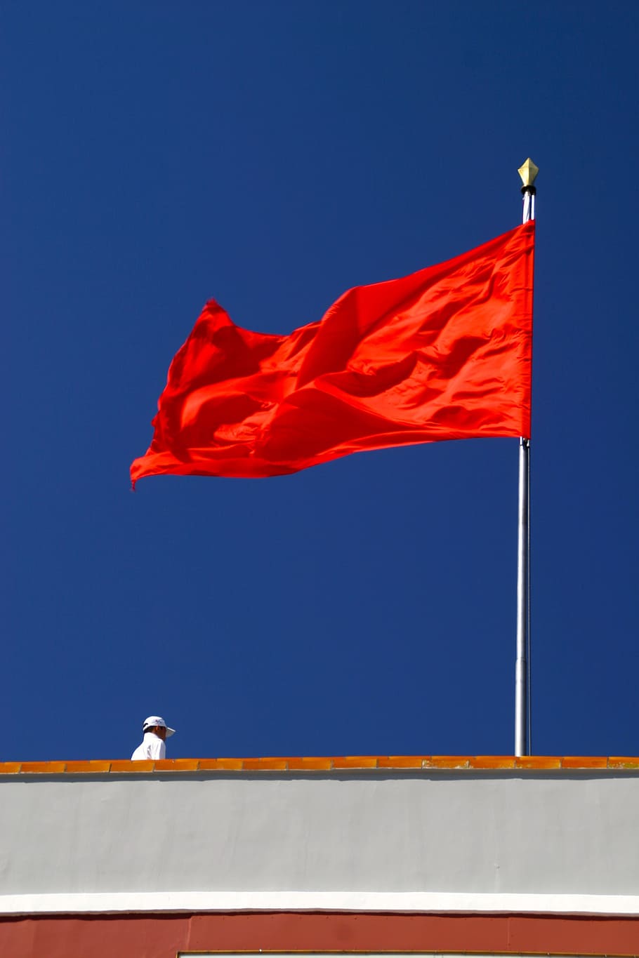 red flag waving pole under blue sky, socialism, flagpole, flutter HD wallpaper