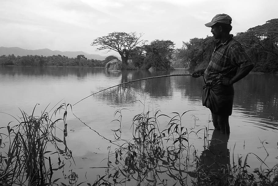 man holding fishing rod, angler, sea, catch, coast, marine HD wallpaper