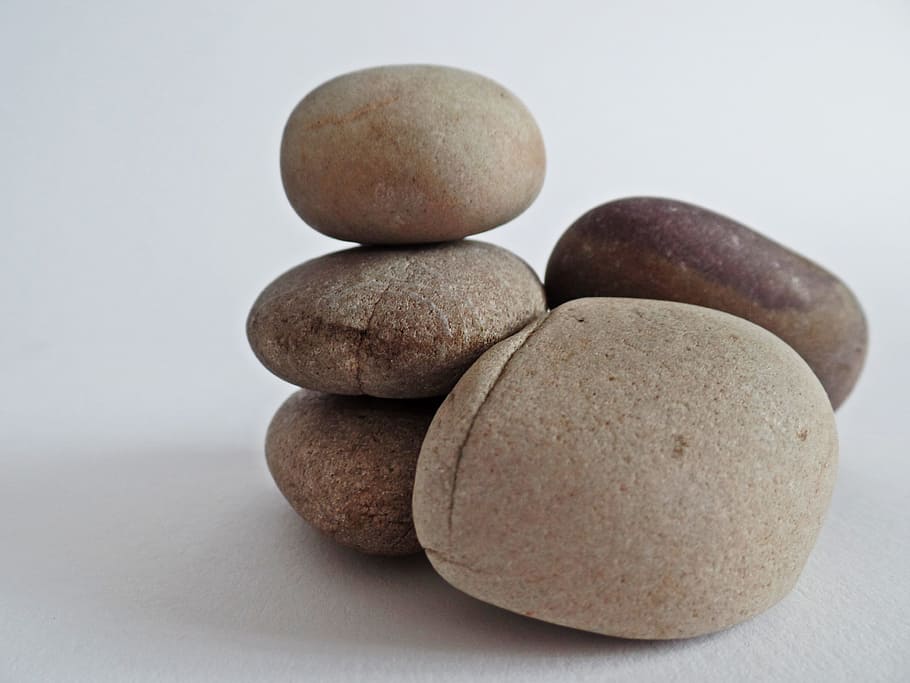 five stones on white surface, balance, stack, meditation, patience HD wallpaper