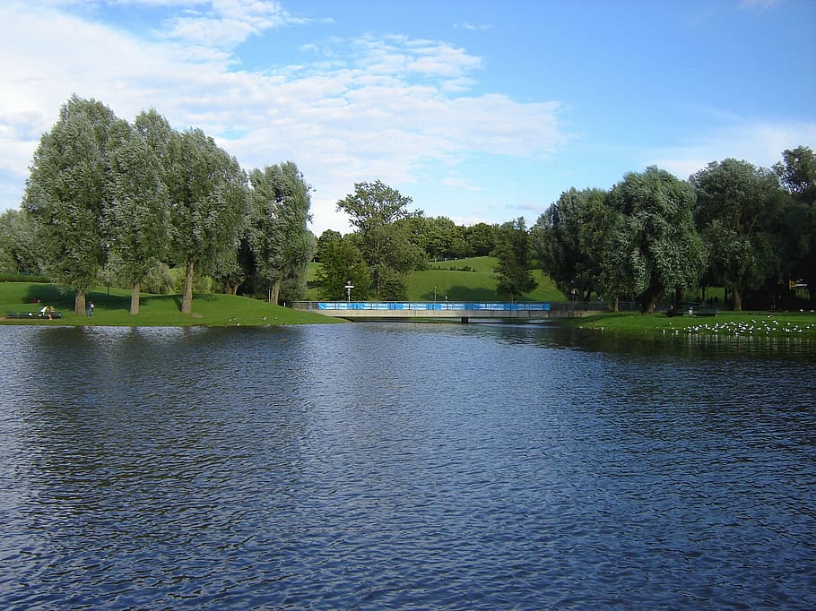 Munich, Germany, Lake, Clouds, sky, trees, water, reflections HD wallpaper