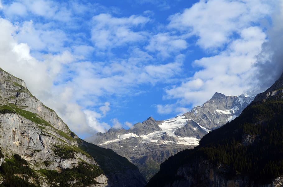 alpine, switzerland, panorama, clouds, rock, snow, glacier HD wallpaper