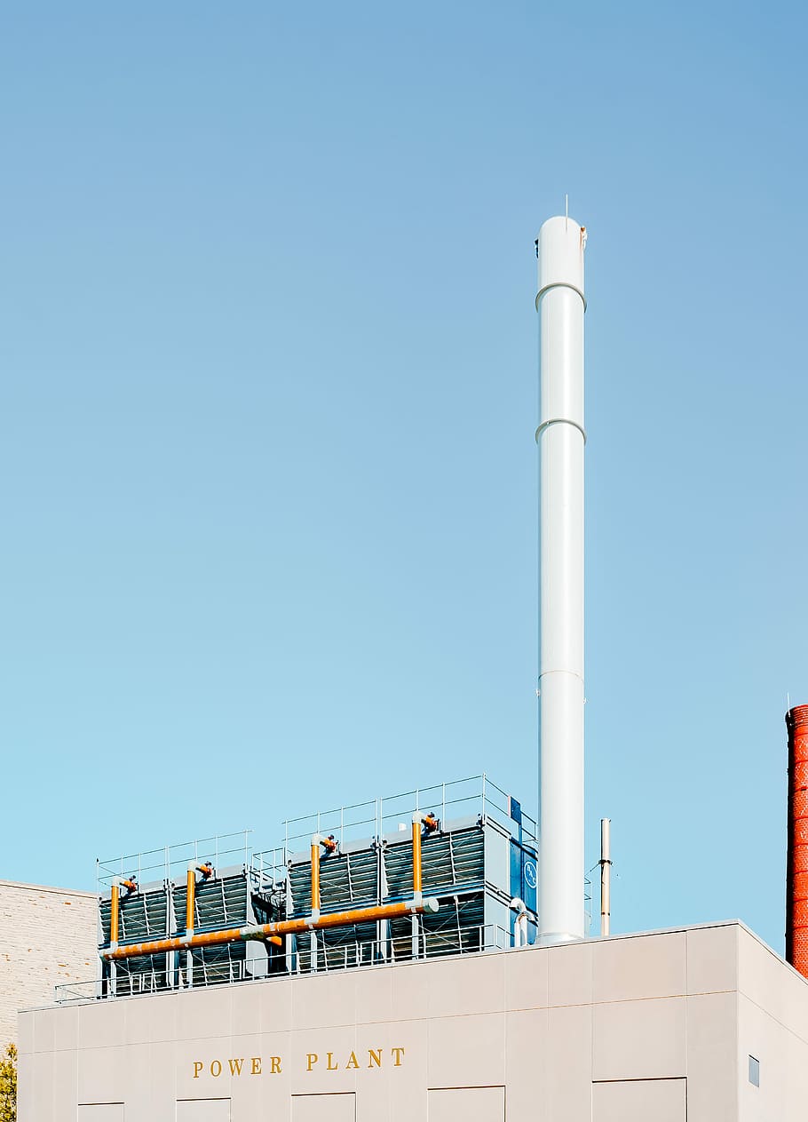 Power Plant during daytime, white and beige power plant under blue sky at daytime HD wallpaper