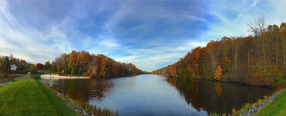 lake, water, fall, foliage, landscape, nature, reflection, blue HD wallpaper