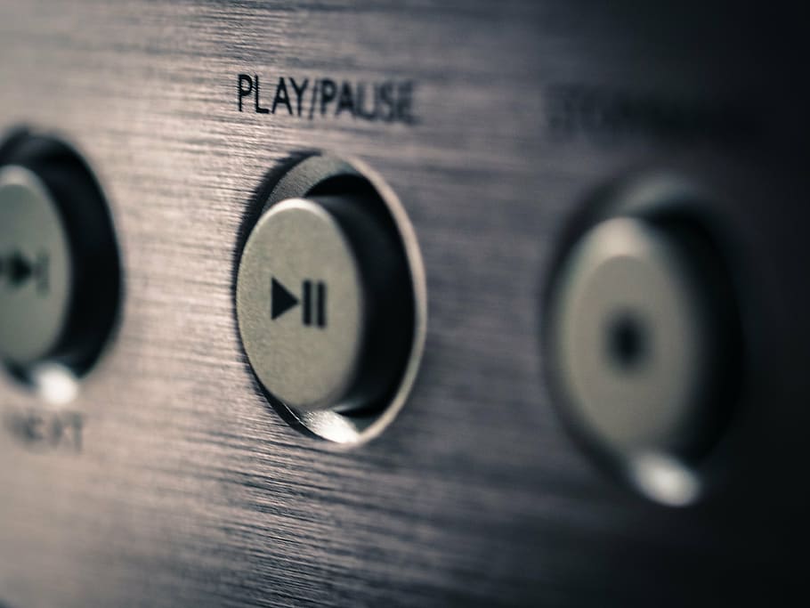 Play and Pause button, plant, music, break, cd player, music system