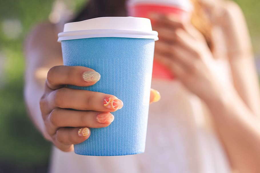 person holding blue disposable cup, coffee - Drink, outdoors HD wallpaper