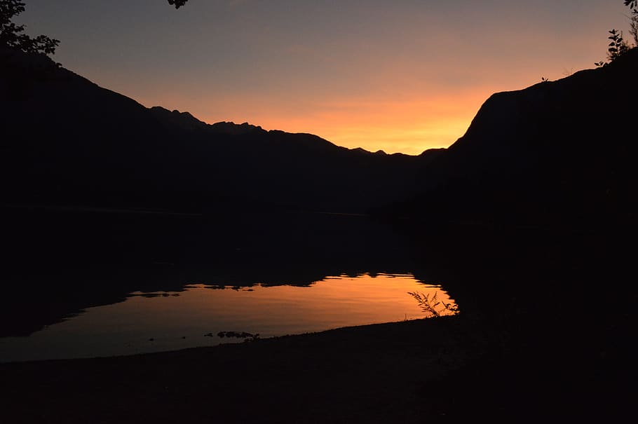 sunset, bohinské lake, reflection, water, silhouette, sky HD wallpaper