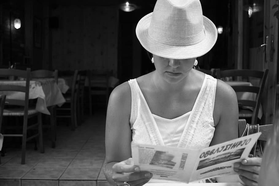 girl, hat, menu, bw, one person, front view, holding, clothing HD wallpaper
