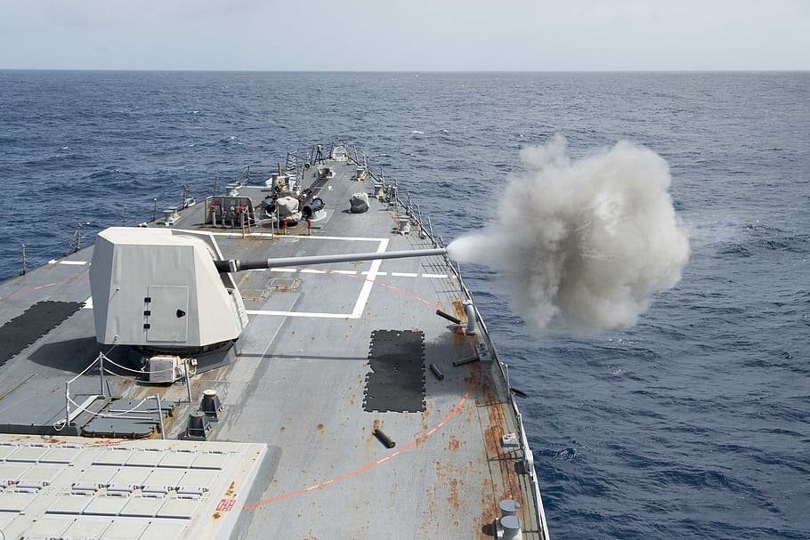 mark 45, live-fire, exercise, gun, main gun, sea, water, nautical vessel HD wallpaper