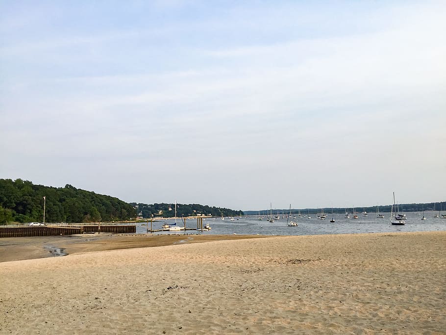 Coast with Boats, blue sky, sand, water, Beaches, Nature, Ocean HD wallpaper