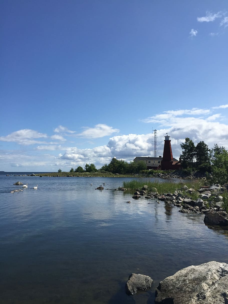 Sea, Water, Lighthouse, clear blue, himmel, cloud tail, swans HD wallpaper