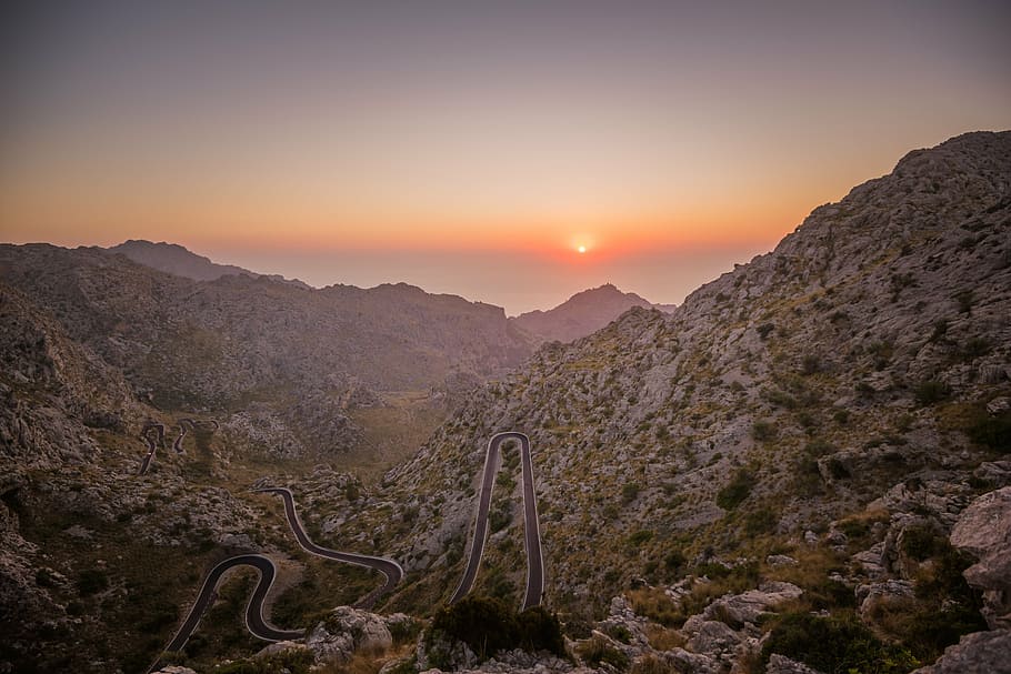 highway along side mountain, hiway, range, photo, sunset, sunrise HD wallpaper