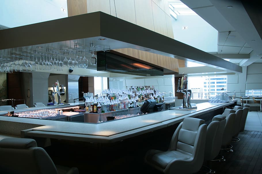 blue island desk, bar, restaurant, open, glasses, drink, dining room HD wallpaper