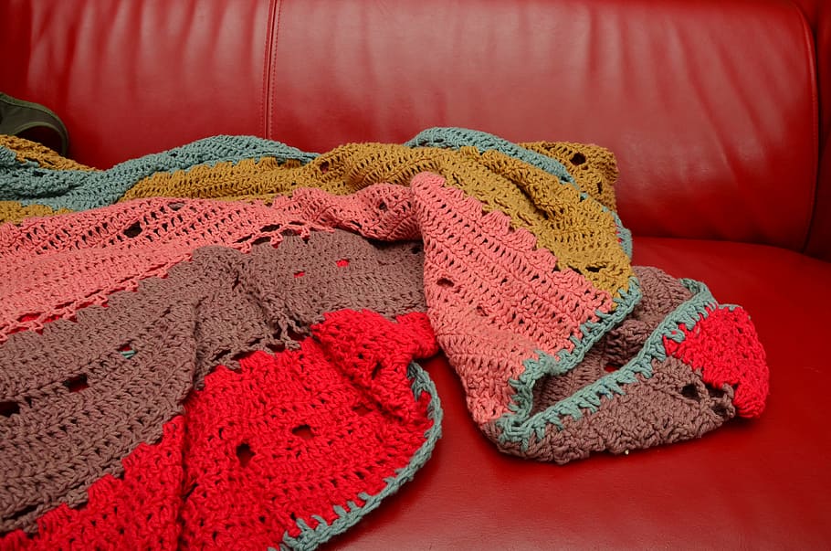 multicolored blanket, crochet blanket, sofa, couch, hand labor HD wallpaper