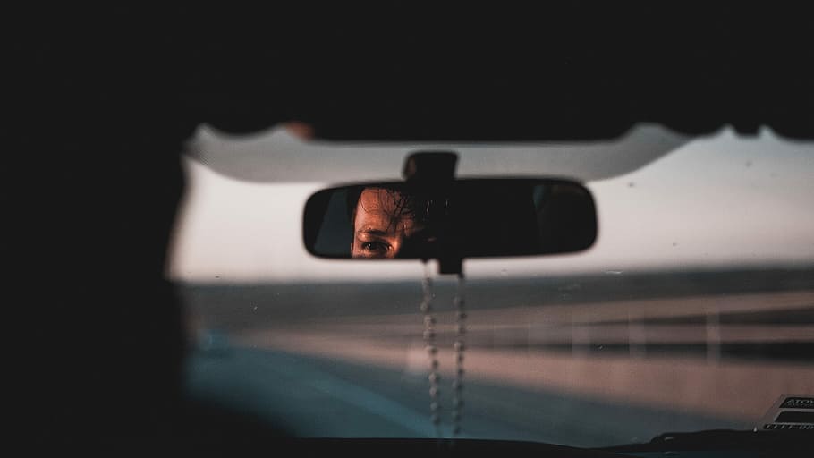 photo of black framed vehicle rear-view mirror, man's face viewed from vehicle rear view mirror, HD wallpaper