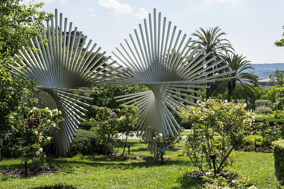 Metal, Forms, Lines, metallic, green, park, plants, nature HD wallpaper