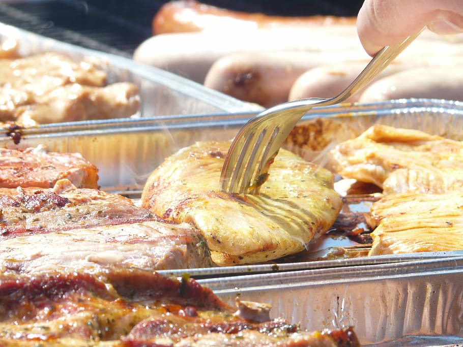 meat, barbecue, fork, fire, heat, food and drink, human hand HD wallpaper