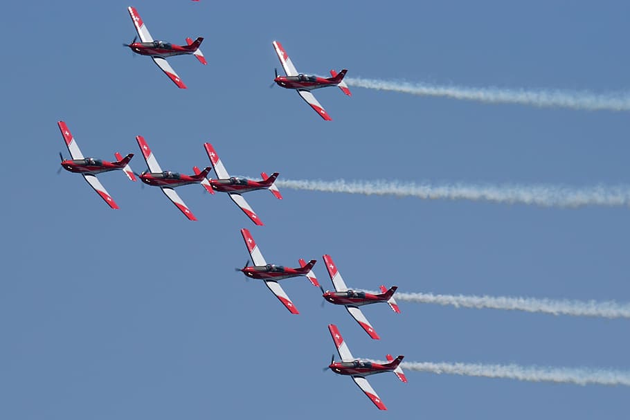 Event, Aircraft, flugshow, airshow, teamwork, vapor trail, smoke - physical structure HD wallpaper
