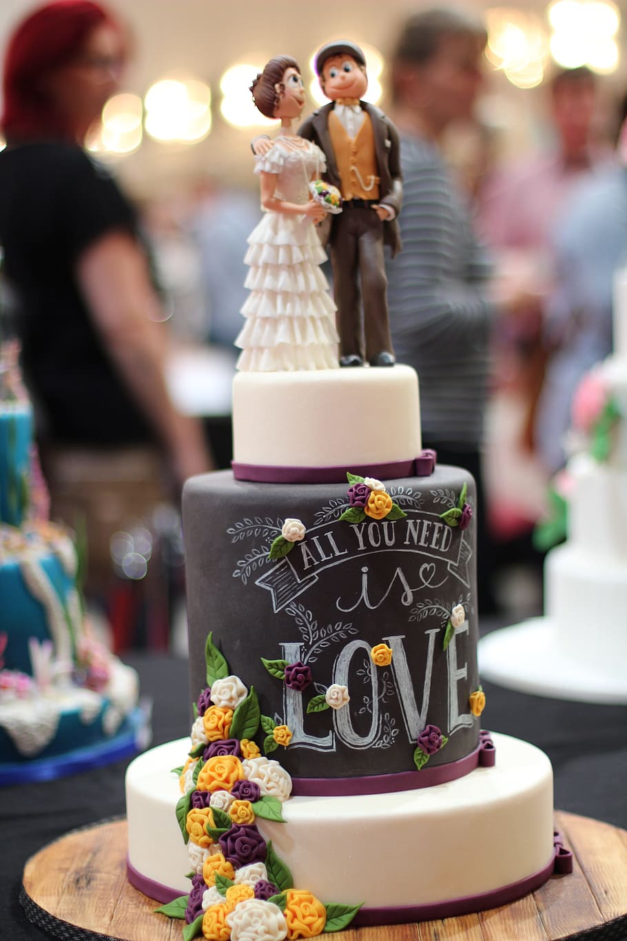 photo of wedding cake on table, marry, sweet, love is all you need
