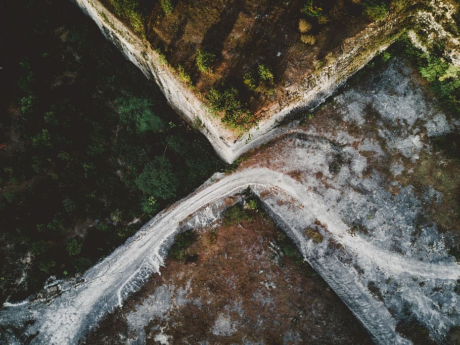 high angle photo of body of water near mountain range, aerial view of forest HD wallpaper