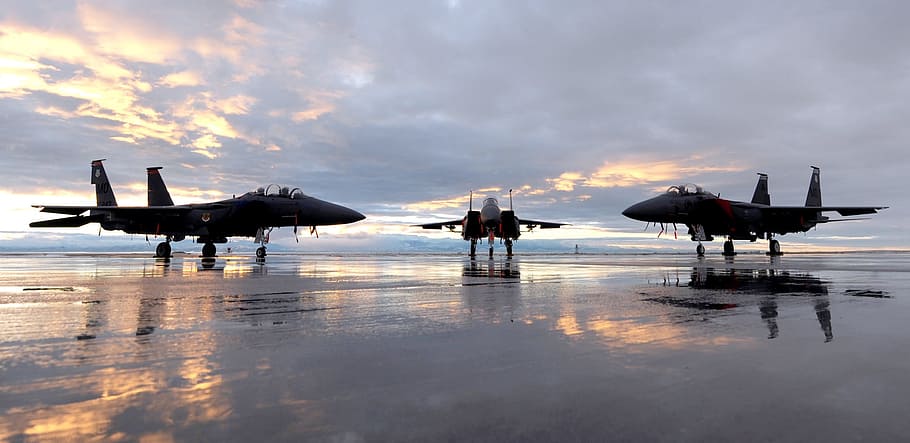 three black fighter jets, aircraft, military, f-15, strike eagles, HD wallpaper