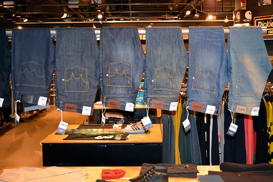 jeans, pants, garment, industry, business, workshop, hanging, HD wallpaper