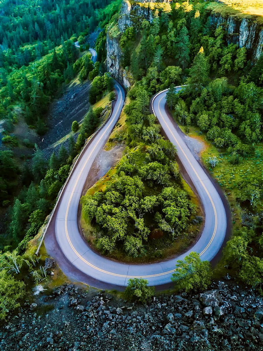 grey road pavement aerial photography, oregon, mountains, landscape HD wallpaper