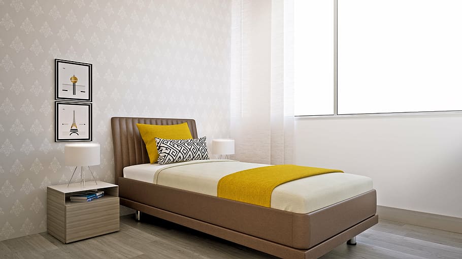 brown wooden bed, bedroom, light, space, inside, indoors, window HD wallpaper