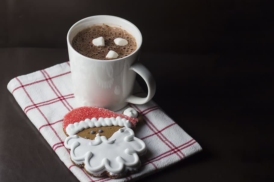 white ceramic cup, christmas, santa, cookie, hot, chocolate, marshmallow, HD wallpaper