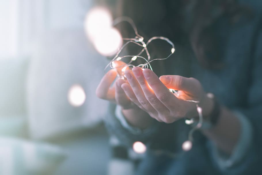 shallow focus photograph of person holding string lights, person holding lighted LED string lights