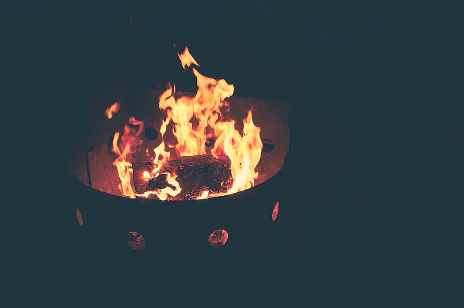 fire pit, fire inside black metal container, black fire, night HD wallpaper