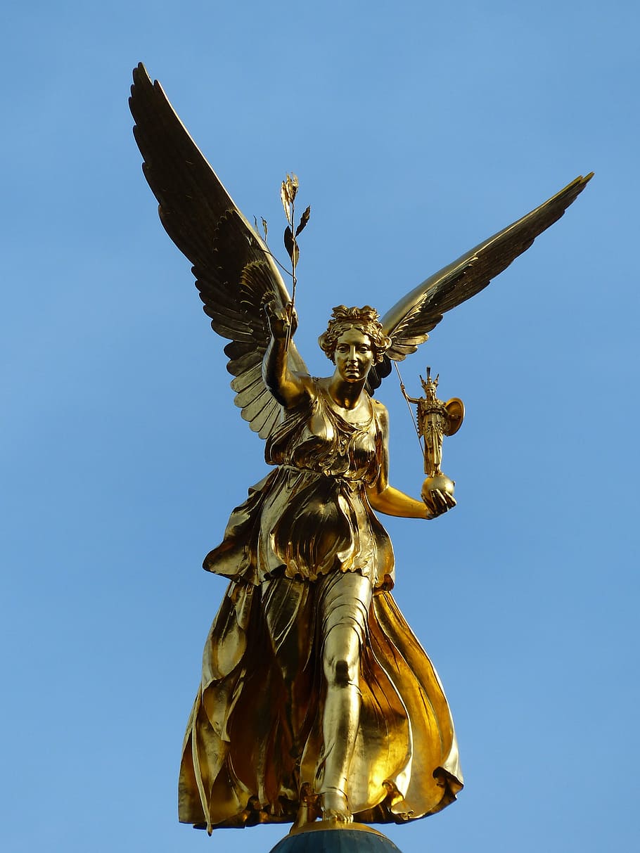 female angel statue, angel of peace, munich, city, monument, blue, HD wallpaper