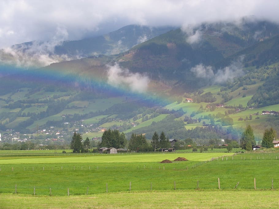 austria, rainbow, field, environment, landscape, scenics - nature HD wallpaper