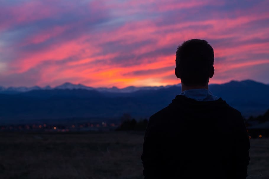 mountain, highland, sky, clouds, sunset, sunrise, people, man HD wallpaper