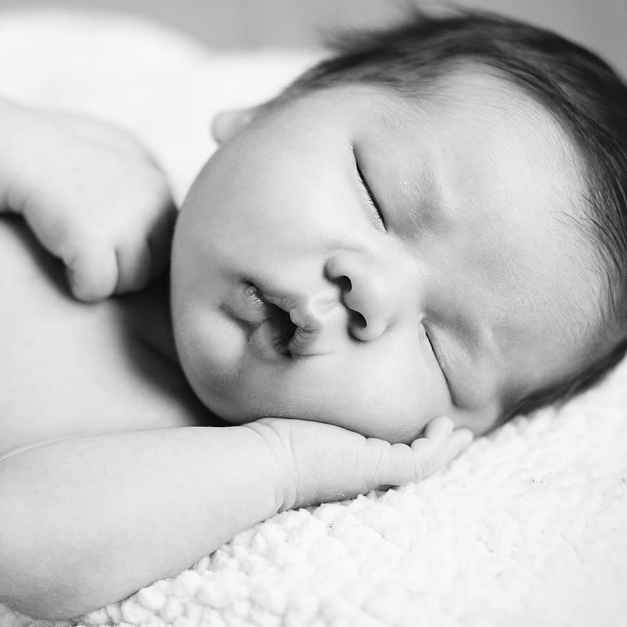 grayscale photo of baby, sleeping, sleeping baby, newborn, child