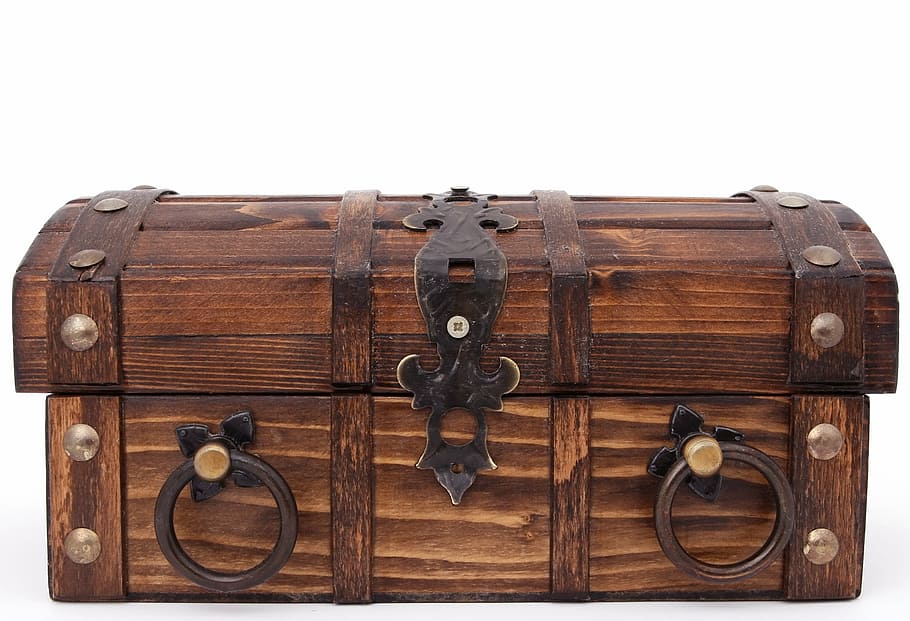 brown wooden treasure chest, bank, box, case, close, isolated
