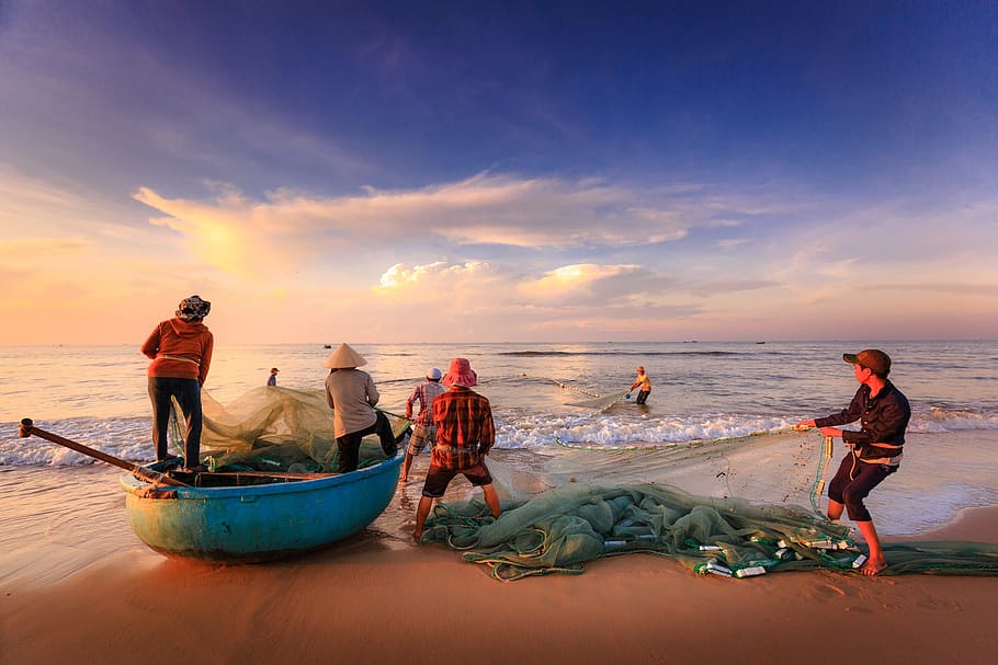 fisherman on seashore, the fishermen, fishing, the work, the sea, HD wallpaper