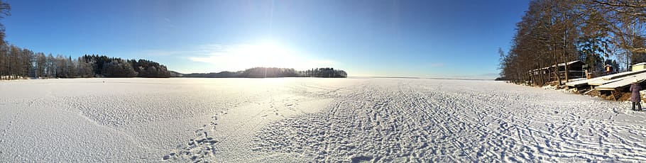 panorama, lake, ice, winter, sun, trace, snow, cold temperature HD wallpaper
