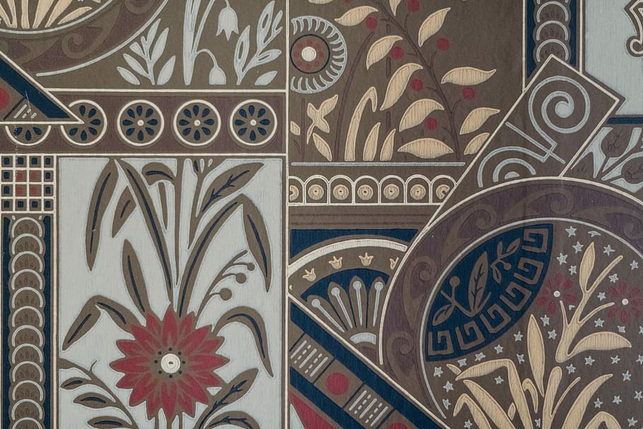 brown, blue, and red floral textile, untitled, pattern, abstract HD wallpaper