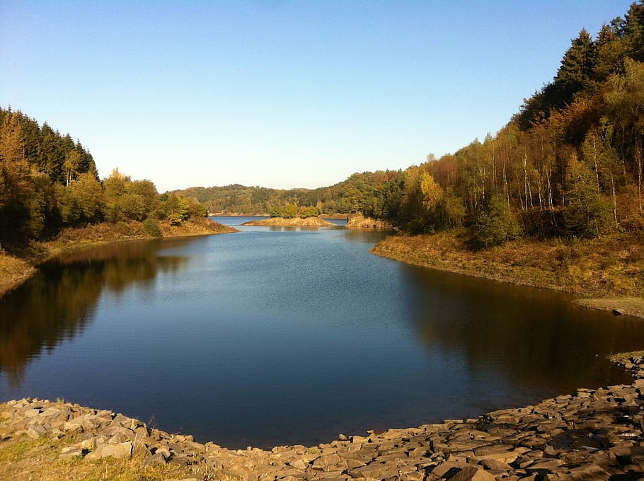 lake, forest, autumn, trees, landscape, water, pond, mountains HD wallpaper