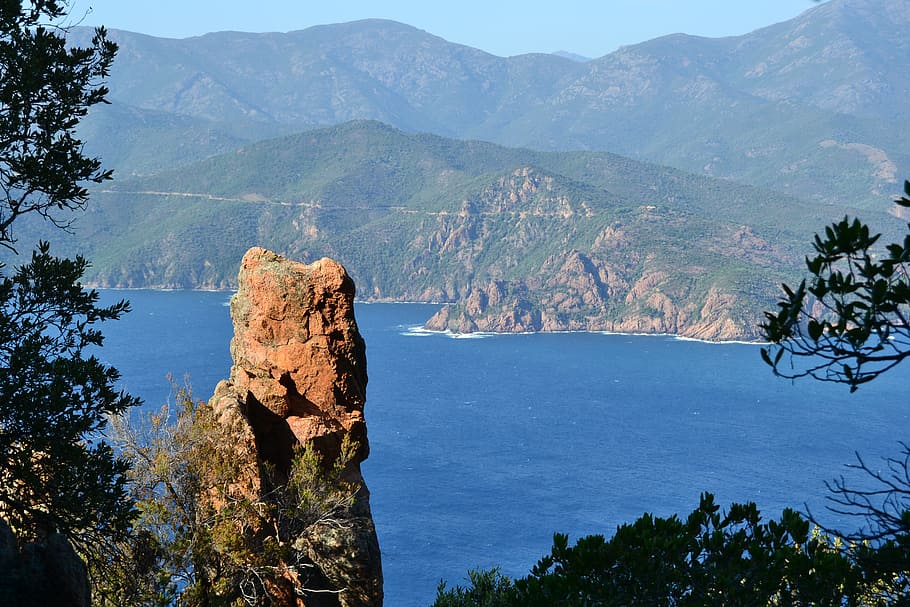 panoramic photo of mountains, corsica, piana, france, sea, nature, HD wallpaper