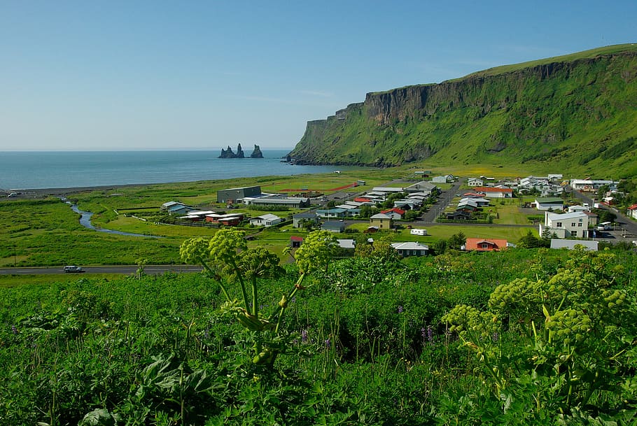 high angle photo of mountain and houses, iceland, vik, cliff HD wallpaper