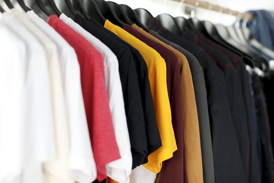 closeup of hanged shirts on rack, closeup photo of clothes hanging on hanger, HD wallpaper