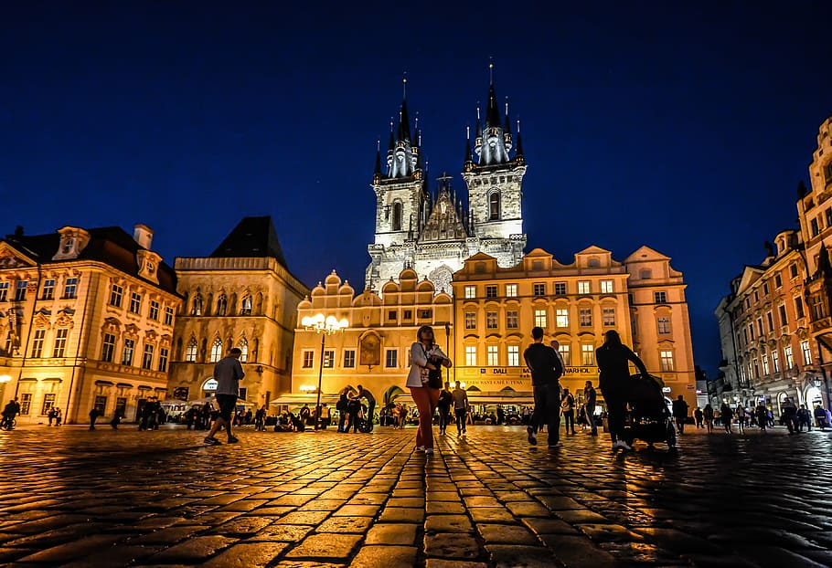 group of people walking on pathway in front of building, prague HD wallpaper