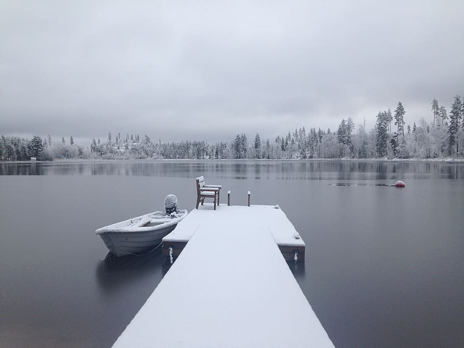 winter, the first snow, lake, boat, frost, fog, water, scenics - nature, HD wallpaper