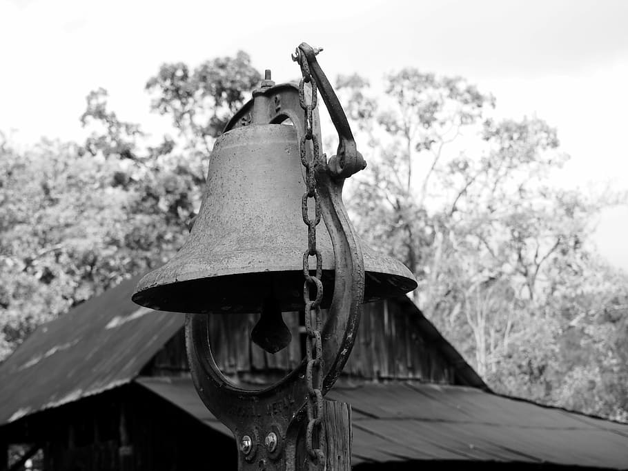 bell, rustic, nature, farm, barn, ring, black and white, vintage HD wallpaper
